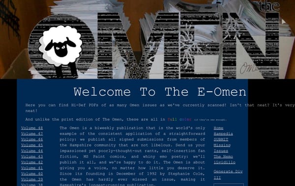 Screenshot of the Omen website circa 2016, featuring the Omen Sheep over a photography of boxes of old Omens. Notable links are Hampedia, iLvidillo, Generate Div III, and the Nemo.